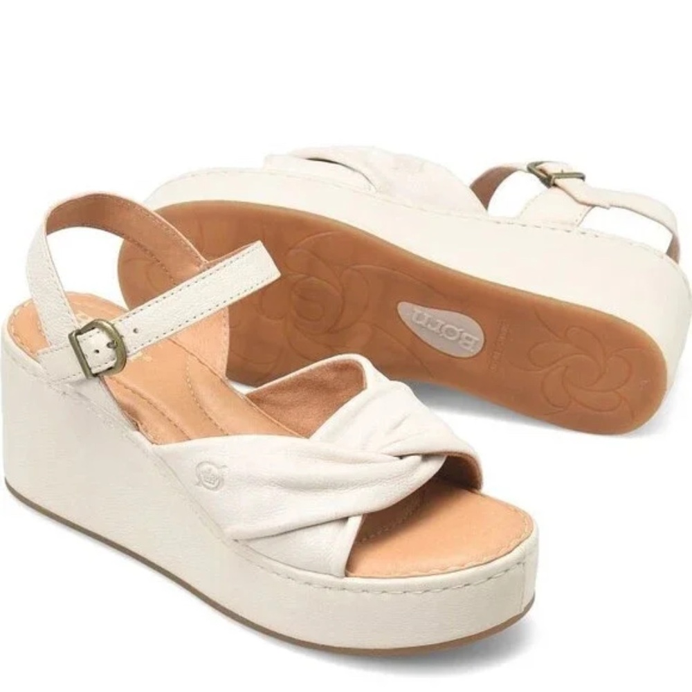 Born Marchelle Women's Sandals 10 White Ivory Leather Ankle Strap Wedge Heel